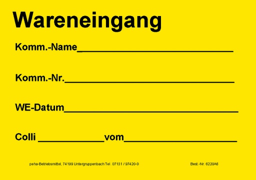 [622V-A625] Hinweis-Etiketten Einzelblatt DIN A6 (100 Stk.) | Text: "Wareneingang Kw-Komm…" (gelb)